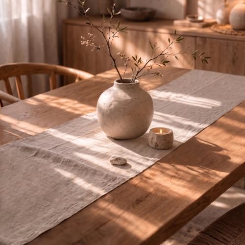 Pure Linen Table Runner Light Natural 14 x 36 in - Handcrafted European Flax