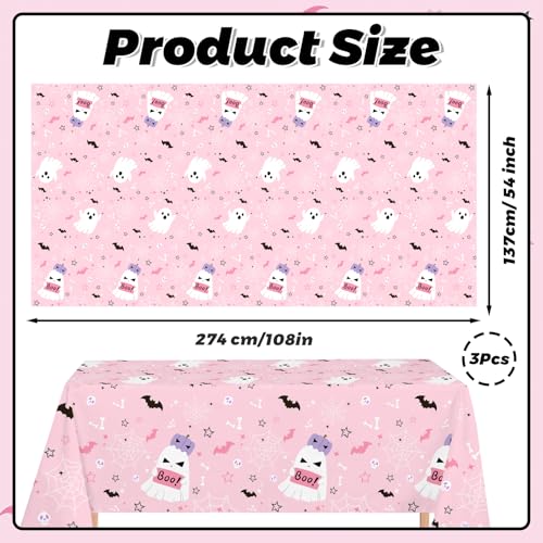 Pink Halloween Plastic Tablecloths - 3 Pack Spooky Party Table Cover - MEHOFOND