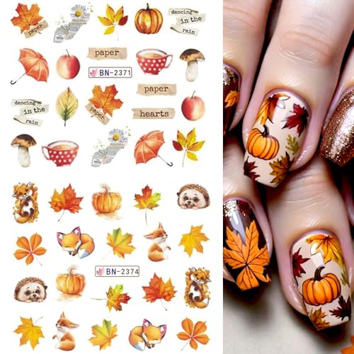 Fall Nail Stickers Set with Maple Leaf Pumpkin Turkey & More - 12 Sheets for DIY Nail Art