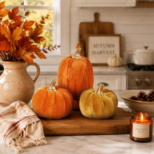 Artificial Mini Velvet Pumpkins Fall Decor - Orange Series, 3 Pack, Autumn Harvest Table Centerpieces