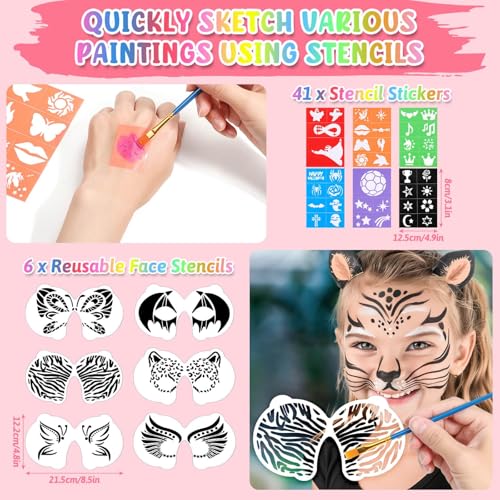 Kids Face Paint Kit with 26 Colors, Stencils, Glitter & Gems for Parties