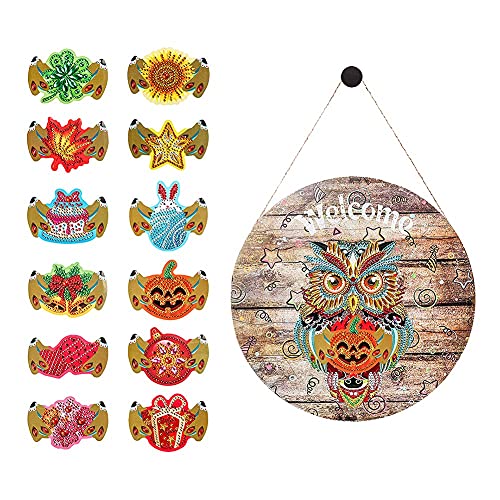 Owl Welcome Sign for Front Porch - Interchangeable Seasonal Door Decor with Diamond Painting Rhinestones