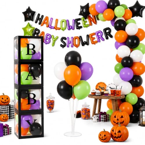 Halloween Baby Shower Decorations Set with Balloons & Clear Balloon Boxes - Baby Gender Reveal Party Supplies