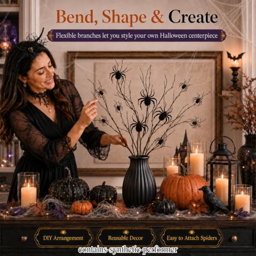 30 Inch Halloween Spider Branch Decor with 3D Black Spider Stickers