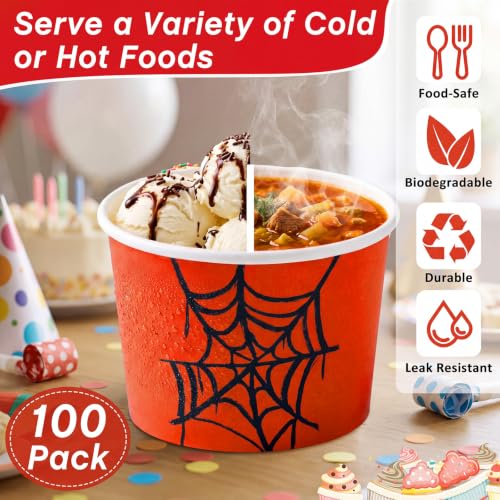 Disposable Ice Cream Cups 8 Oz - Red Spider Design, 100 Pack