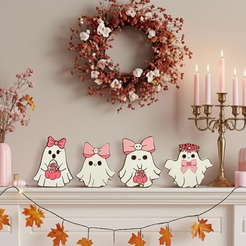 Pink Halloween Ghost Table Decorations - Coquette Bows Ghost - 4 Pcs Wooden Figurines for Home & Party