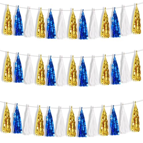 Blue Gold White Foil Fringe Tassel Garland - 3 Pack Party Decorations