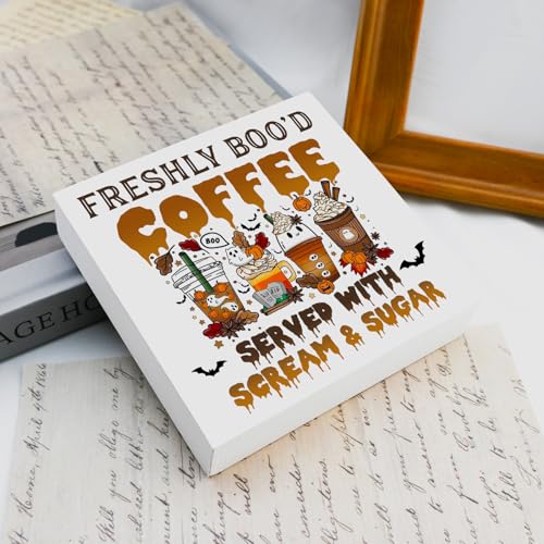 Halloween Coffee Bar Sign Wooden Decor - Ghost & Fall Theme, Indoor Kitchen Accent