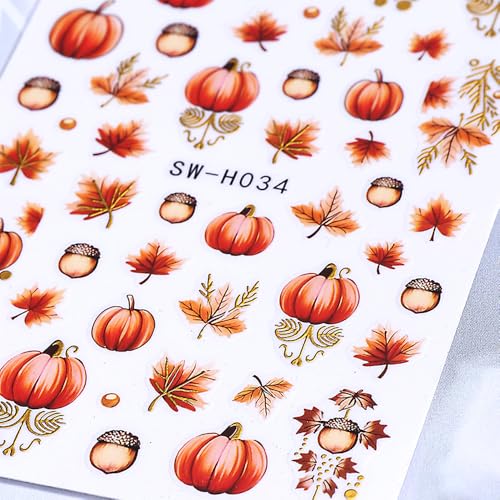 Fall Nail Stickers Set - Halloween Pumpkin & Maple Leaf Decals with Variation Red2