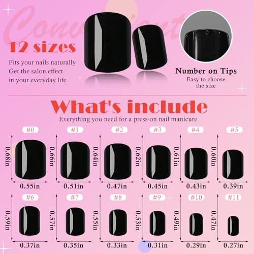 Black Short Square Press On Nails - 240pcs Fake Nails with 12 Sizes & Accessories