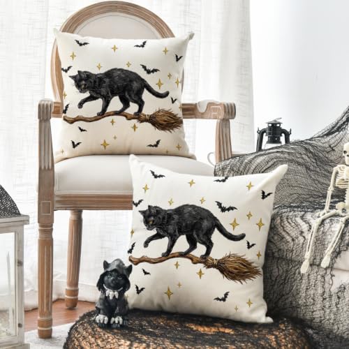 Halloween Black Cat Throw Pillow Cover Set of 2 18x18 Inches - Durable Polyester