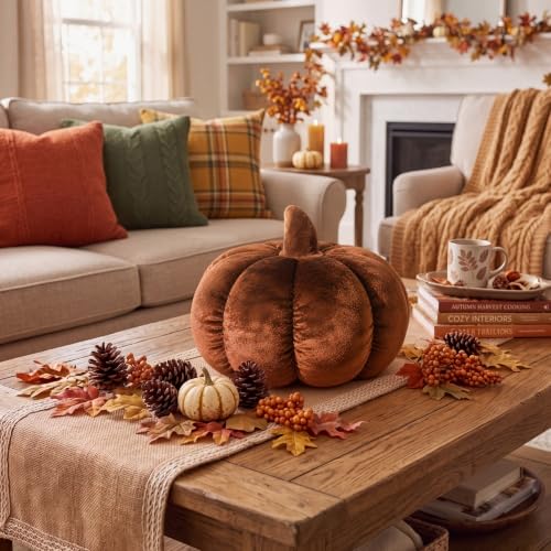 Reddish Brown Velvet Pumpkin Pillow - Fall Autumn Halloween Decor