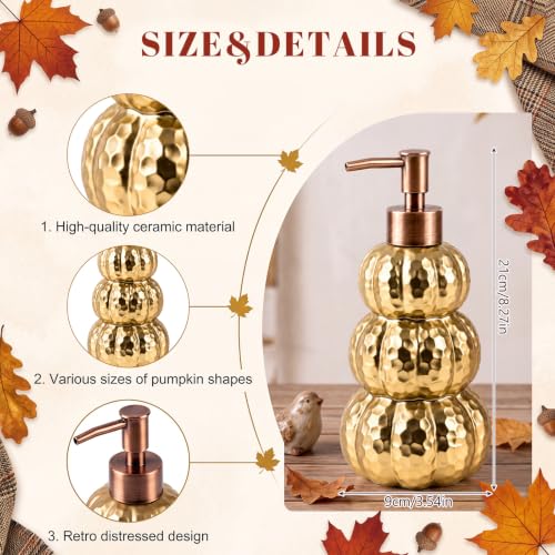 Gold Pumpkin Soap Dispenser - Fall Ceramic Bathroom Decor, Refillable 8.27in