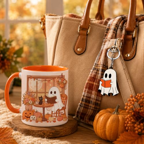 Ghost Fall Reading Mug 11 Oz with Keychain - Book Lover Gift, Halloween & Autumn Theme - Variation: Ghost Fall & Cat