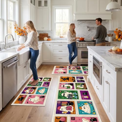 Halloween Kitchen Rug Set of 3 with Ghost and Pumpkin Stamp - Fall Indoor Decor