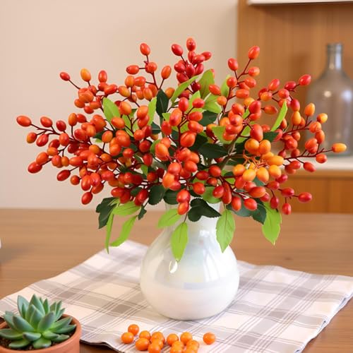 Artificial Orange Berry Stems Set of 4 - Realistic Faux Fruit for Home & Holiday Decor