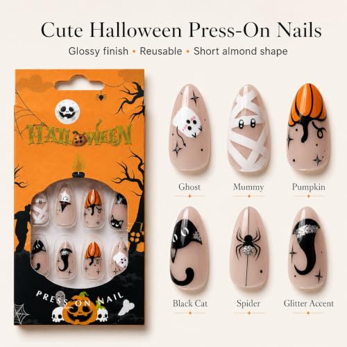 Halloween Pumpkin Ghost Spider Almond Press On Nails - Orange Pumpkin Black Spider Variation