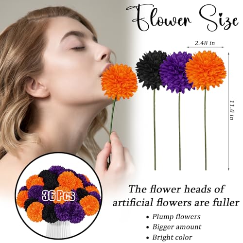 Halloween Artificial Flower Bouquet 36 Pcs Velvet Silk Chrysanthemums in Black Orange Purple with Stems — Halloween Party & Home Decor