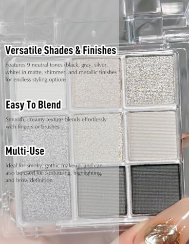Grey Black Smoky Eyeshadow Palette - 9 Color Matte Shimmer Glitter Makeup Set with Brush