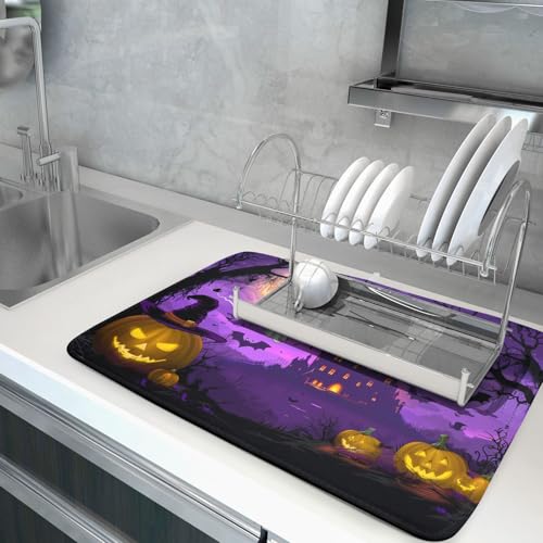 Halloween 18x24 Inch Pumpkin Lantern Ghost Bat Castle Microfiber Dish Drying Mat