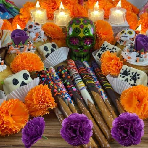 Purple Artificial Marigold Flowers Set of 100 for Day of the Dead & Festivals - Faux Silk Decor