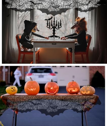 Halloween Fireplace Decor Mantle Scarf Cover Garland - Black Lace Spider Web Bat Style