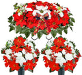 Artificial Christmas Cemetery Flowers Set - Headstone Saddle & Poinsettia Bouquets for Graves