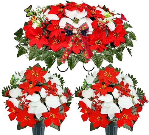 Artificial Christmas Cemetery Flowers Set - Headstone Saddle & Poinsettia Bouquets for Graves