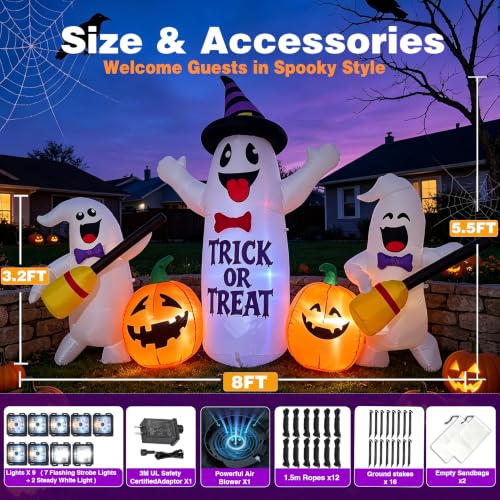 8 Ft Halloween Inflatable Ghosts with Pumpkin Broom LED Light Decor - White