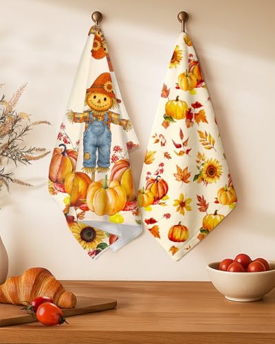 Fall Microfiber Kitchen Towels Set of 2 - Straw Pumpkin Off-White, Harvest Decor