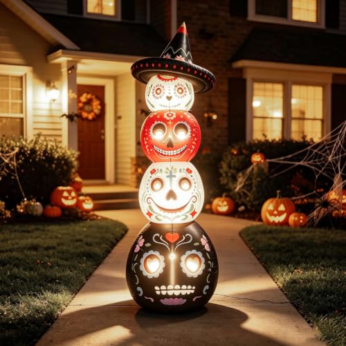 7 Ft Halloween Inflatable Decor with LED Lights, Day of the Dead Sugar Skull Tower