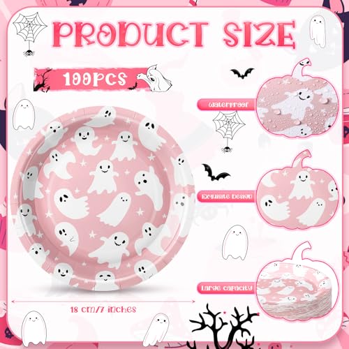 FillTouch 100 Pack Pink Halloween Ghost Paper Plates 7 Inch Disposable Partyware - Pink, Ghost, 7 Inch