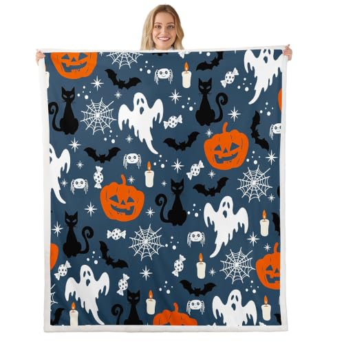 Halloween Sherpa Blanket Bat Pumpkin Ghost Fleece Throw 50x60 Inches - Blue Variation of THIS listing