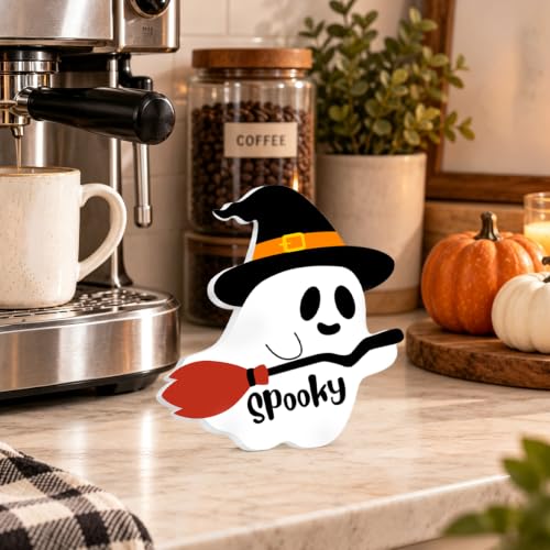 Spooky Halloween Decor Sign - Acrylic Ghost 4x4 Inch - Funny Holiday Accent