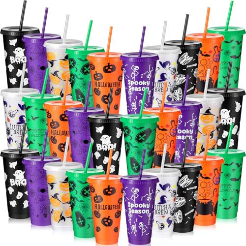 30 Pack Halloween Plastic Cups with Lids & Straws - 24 oz Ghost Design