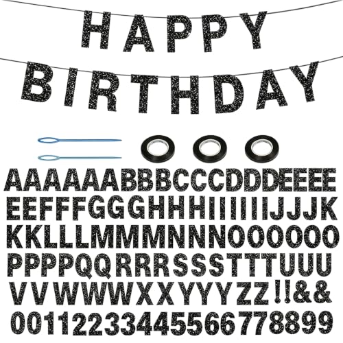 Black Glitter DIY Banner Kit with 111 Letters & Numbers for Party Decorations - Customizable
