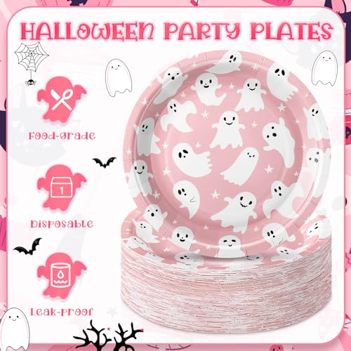 FillTouch 100 Pack Pink Halloween Ghost Paper Plates 7 Inch Disposable Partyware - Pink, Ghost, 7 Inch
