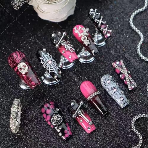 Halloween Press On Nails Long Coffin Fake Nails with Pumpkin Skeleton Charms Pattern 7
