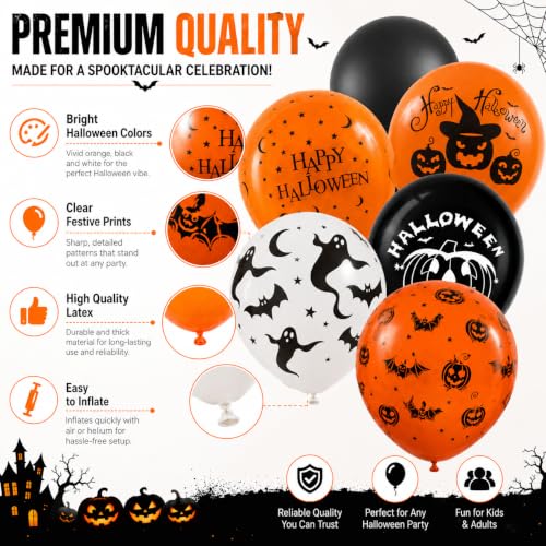 Halloween Foil Balloons Set - 100 Pack 12 Inch Orange Black Pumpkin Ghost Bat