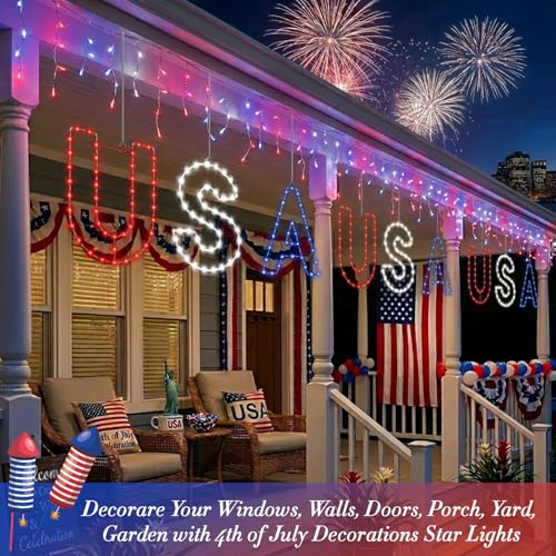 4th of July USA Letter Window Light - Red White Blue LED Hanging Lamps with Suction 3pcs - E - Patriot Decor