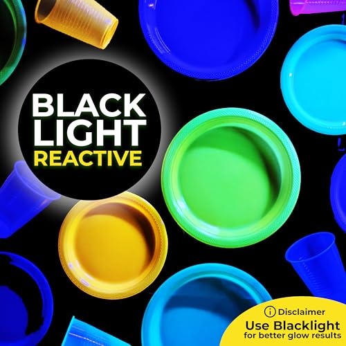 Black Light Glow Party Plates - 60 Pack, 9 Inch Assorted Neon Disposable Plates - UV Reactive for Birthday & Neon Parties