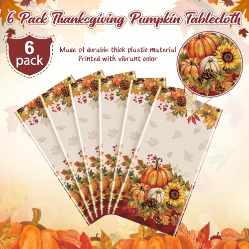 6 Pack Fall Sunflower Pumpkin Tablecloths 108x54 Inch Autumn Harvest Thanksgiving Halloween Plastic Disposable Rectangular Table Covers - Variation 6