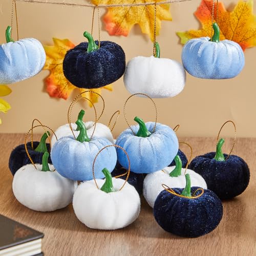 Blue Velvet Fall Pumpkin Hanging Ornaments - 16 Pcs Thanksgiving Decor