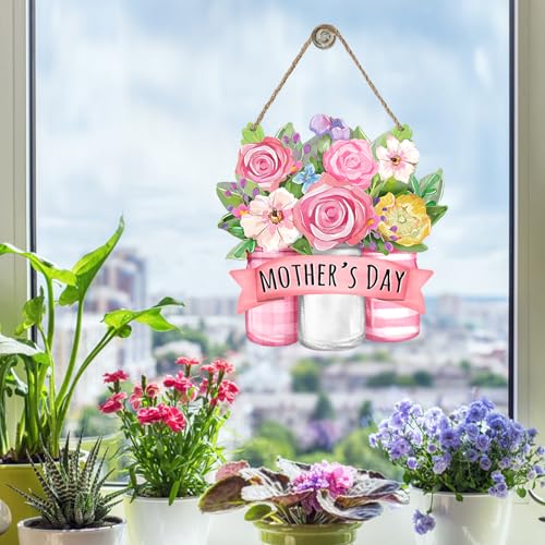 Pink Rose Mason Jar Wooden Front Door Sign - Mother's Day Floral Decor - Rose Variation