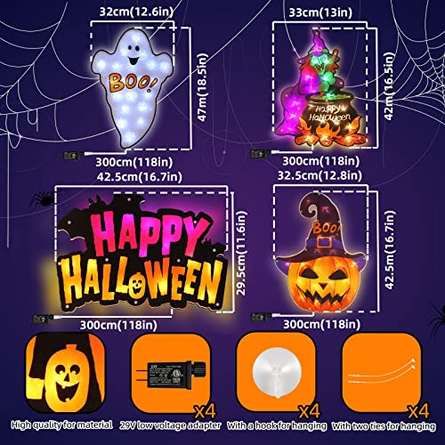 Halloween Window Silhouette Lights - 4 Pack Ghost, Witch, Jack-O-Lantern, Happy Halloween - Indoor/Outdoor Decor