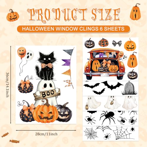 Halloween Window Clings Set - Reusable Spooky Ghost Pumpkins Black Cat Decorations