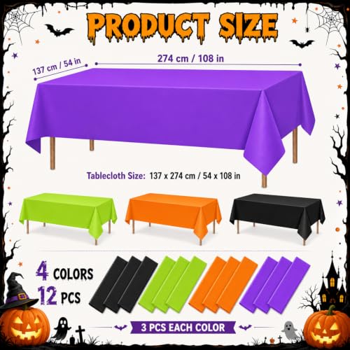 Halloween Disposable Plastic Tablecloth - 12 Pcs Rectangular Festive Table Cover - Green Black Purple Orange Variation