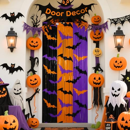 Halloween Foil Fringe Curtains 2 Pack - Orange Purple Black Bat Pattern Party Backdrop