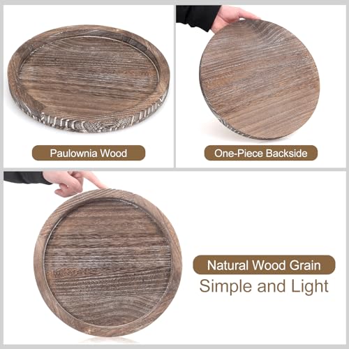 Washed White 11-Inch Round Wooden Decorative Tray for Coffee Table Centerpiece