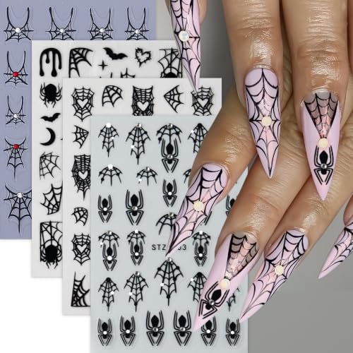 Halloween Nail Stickers Set 4 Sheets Spider Web Rhinestones & Bats - Style10
